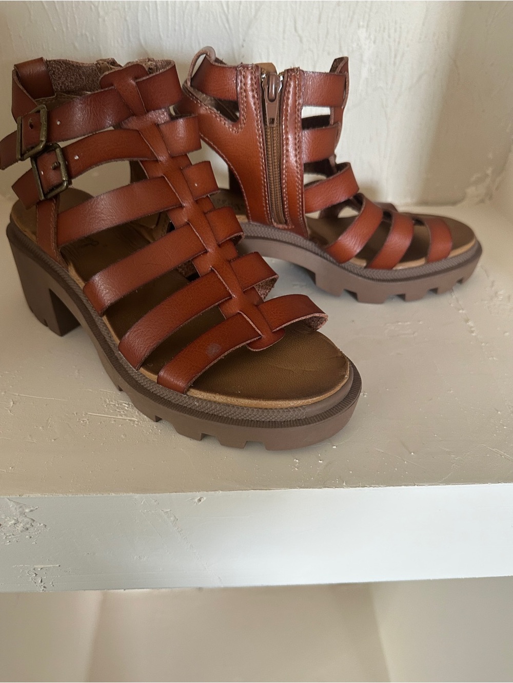 Jellypop Brown Strappy Gladiator Chunky Heel Sandals
